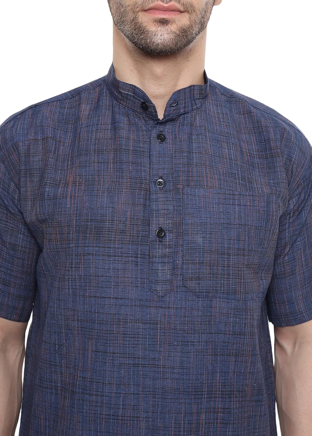 Aaryavar Khadi Cotton Blend - Self Design - Casual Regular Fit Mandarin/Chinese Collar Short Kurta for Men - Navy Blue Color