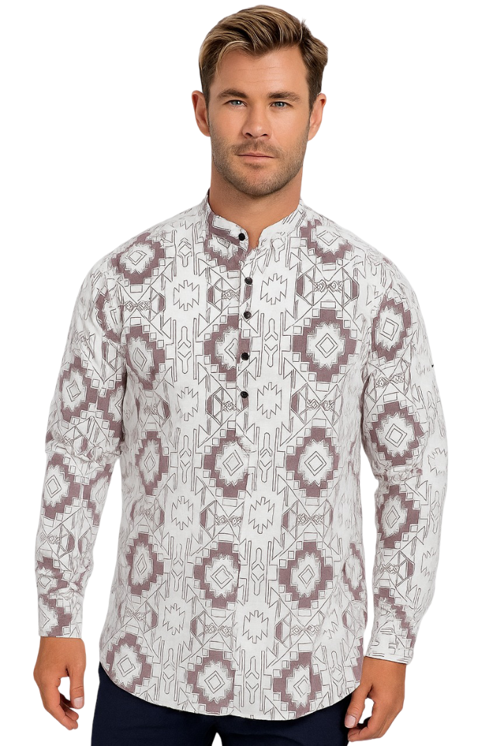Aaryavar Men’s Premium Short Cotton Kurta | Geometric Printed Ethnic Wear for Casual & Special Occasions - Purple & White Color