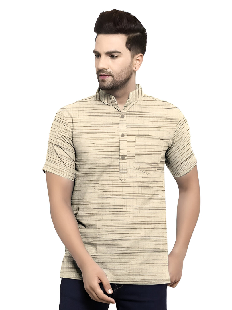 Aaryavar Khadi Cotton Blend - Self Design - Casual Regular Fit Mandarin/Chinese Collar Short Kurta for Men - Beige Color