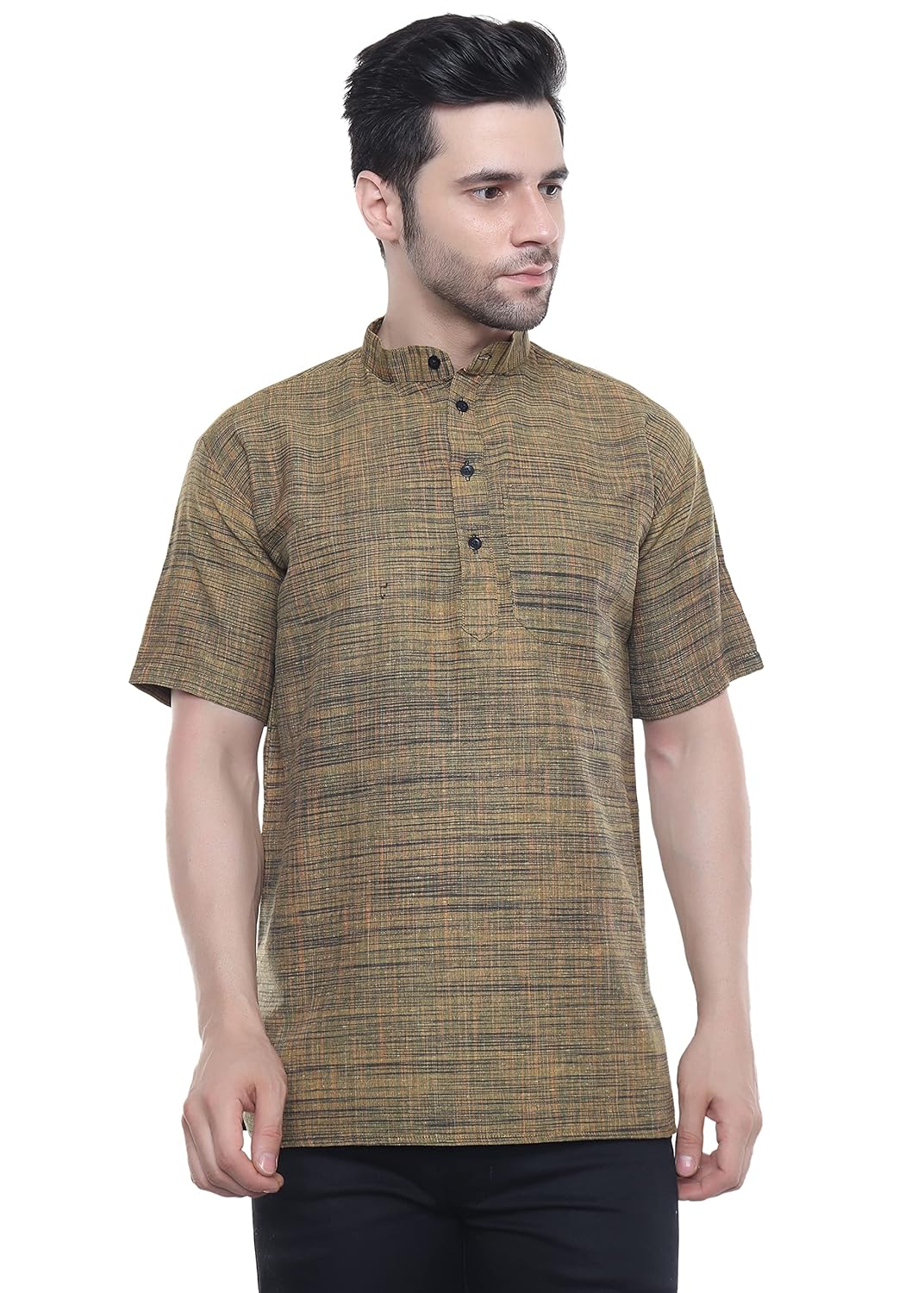Aaryavar Khadi Cotton Blend - Self Design - Casual Regular Fit Mandarin/Chinese Collar Short Kurta for Men - Dark Yellow Color