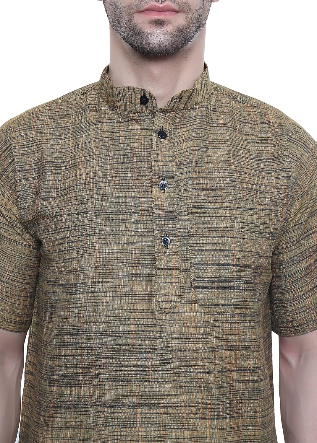 Aaryavar Khadi Cotton Blend - Self Design - Casual Regular Fit Mandarin/Chinese Collar Short Kurta for Men - Dark Yellow Color