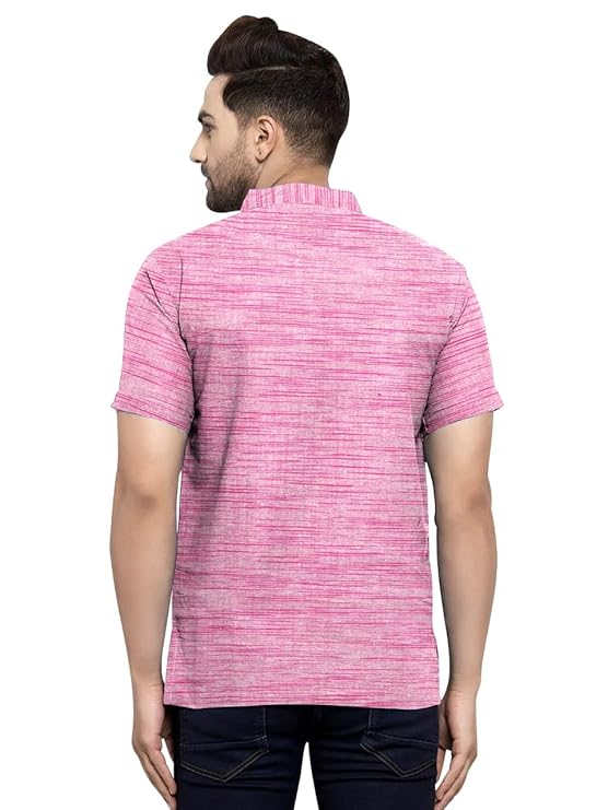 Aaryavar Khadi Cotton Blend - Self Design - Casual Regular Fit Mandarin/Chinese Collar Short Kurta for Men - Pink Color