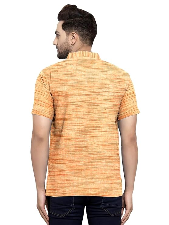 Aaryavar Khadi Cotton Blend - Self Design - Casual Regular Fit Mandarin/Chinese Collar Short Kurta for Men - Light Yellow Color