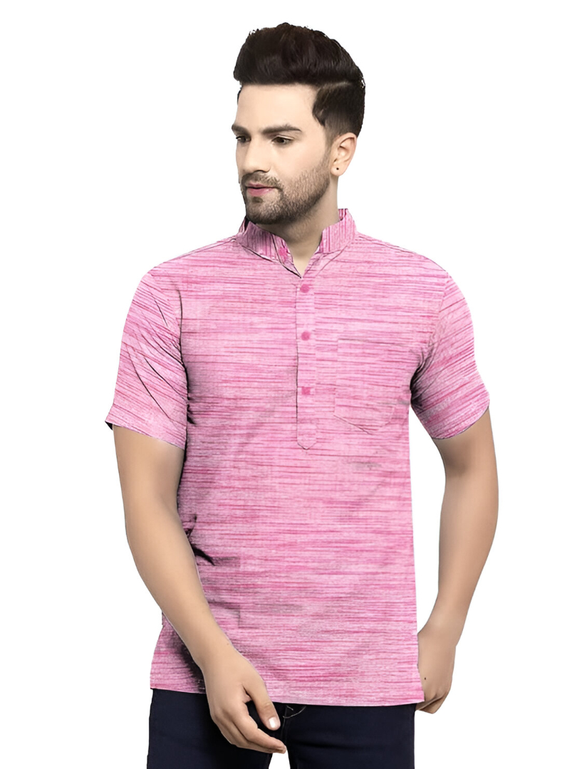 Aaryavar Khadi Cotton Blend - Self Design - Casual Regular Fit Mandarin/Chinese Collar Short Kurta for Men - Pink Color