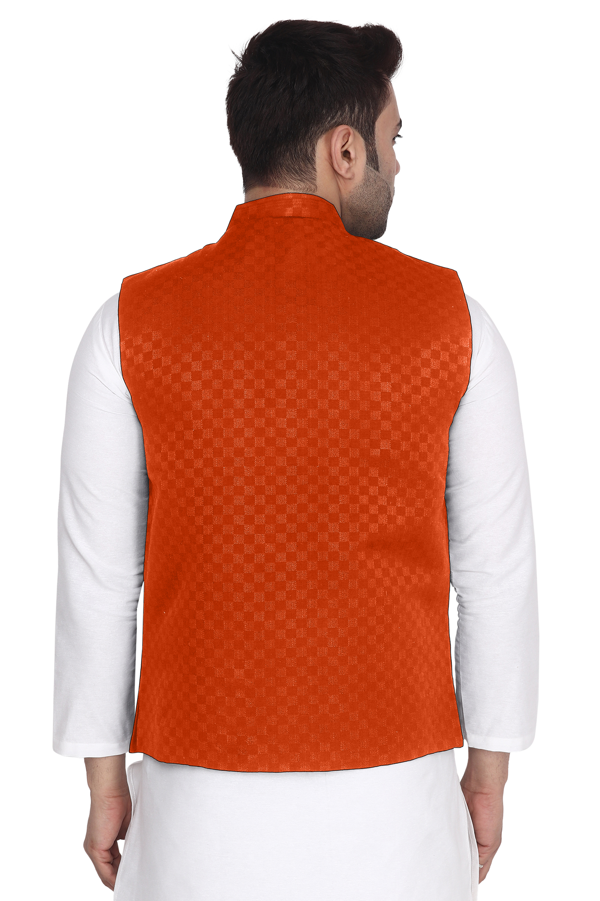 Aaryavar Ethnic Premium Nehru/Modi Jacket/Waistcoat - Sleeveless Coat for Formal & Festival Temple Function Wear - Saffron Color