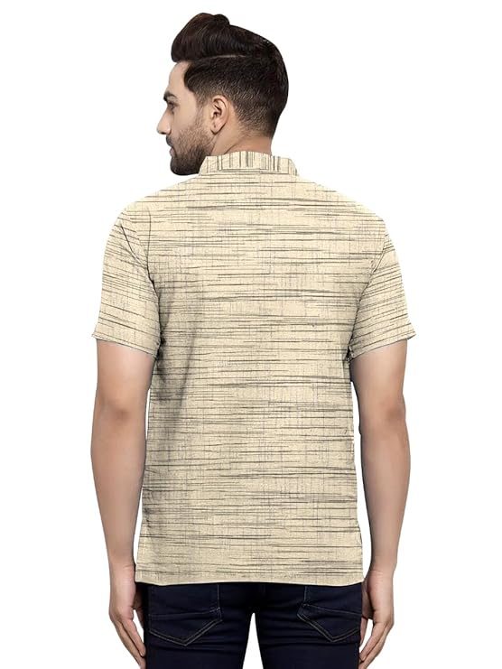 Aaryavar Khadi Cotton Blend - Self Design - Casual Regular Fit Mandarin/Chinese Collar Short Kurta for Men - Beige Color