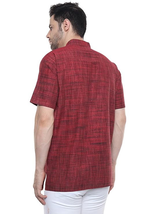 Aaryavar Khadi Cotton Blend - Self Design - Casual Regular Fit Mandarin/Chinese Collar Short Kurta for Men - Maroon Color