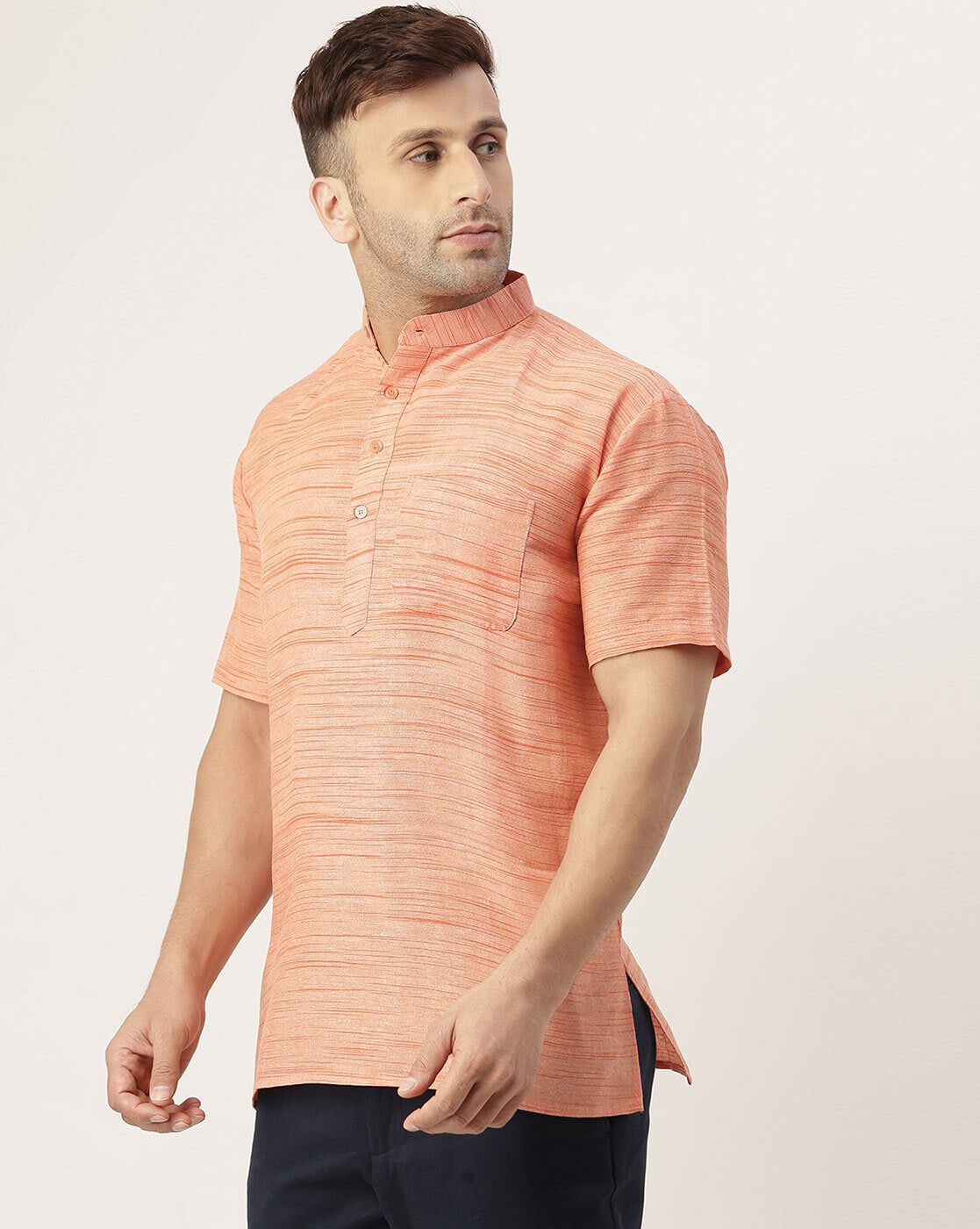Aaryavar Khadi Cotton Blend - Self Design - Casual Regular Fit Mandarin/Chinese Collar Short Kurta for Men - Coral / Peach Color