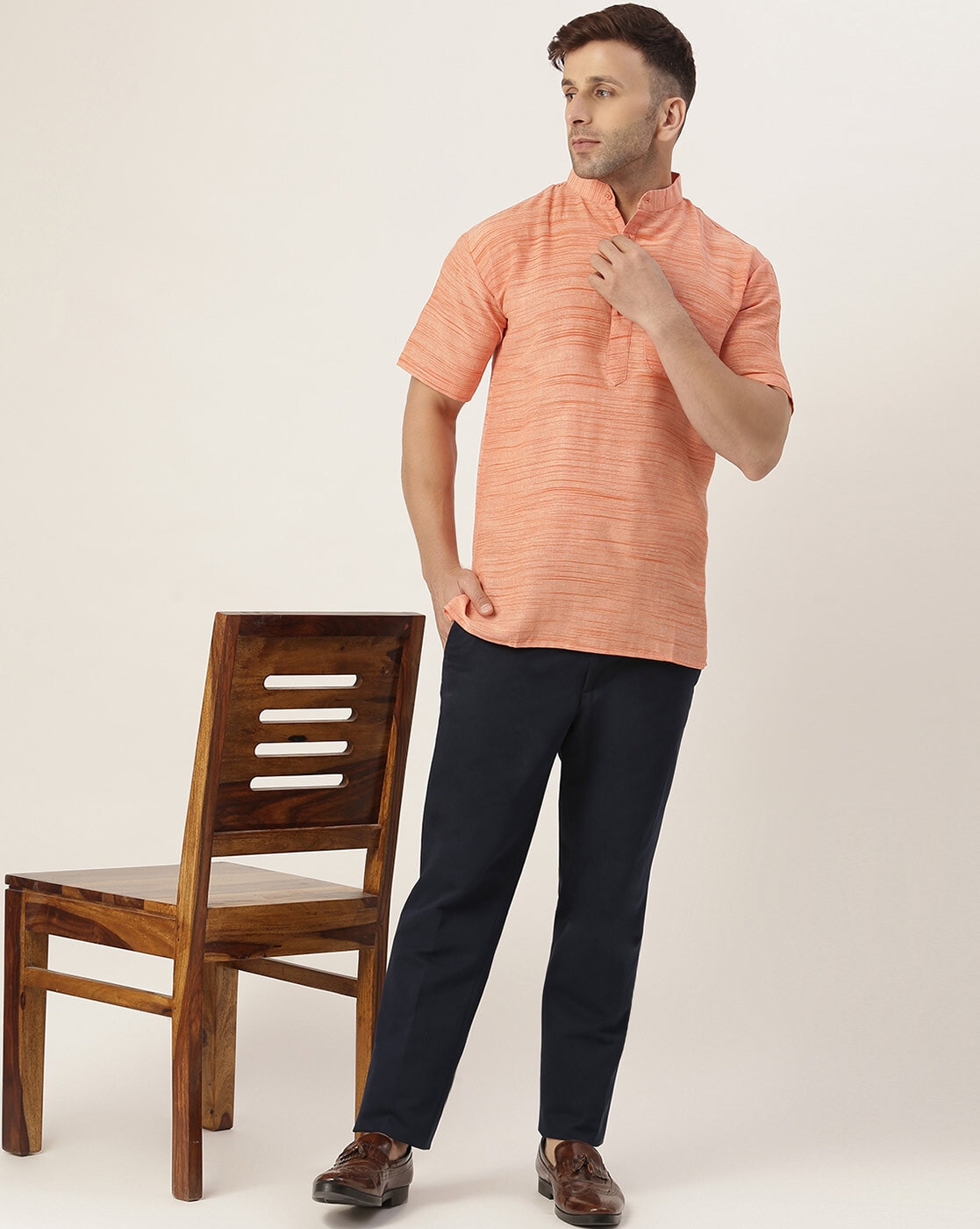Aaryavar Khadi Cotton Blend - Self Design - Casual Regular Fit Mandarin/Chinese Collar Short Kurta for Men - Coral / Peach Color