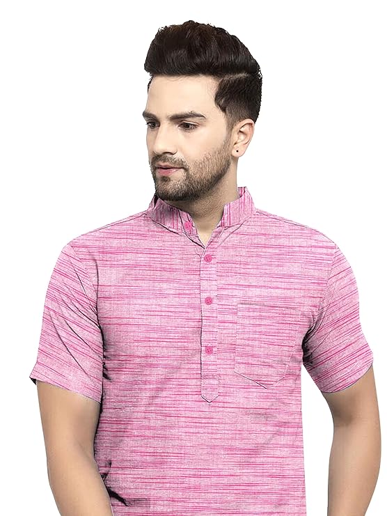 Aaryavar Khadi Cotton Blend - Self Design - Casual Regular Fit Mandarin/Chinese Collar Short Kurta for Men - Pink Color