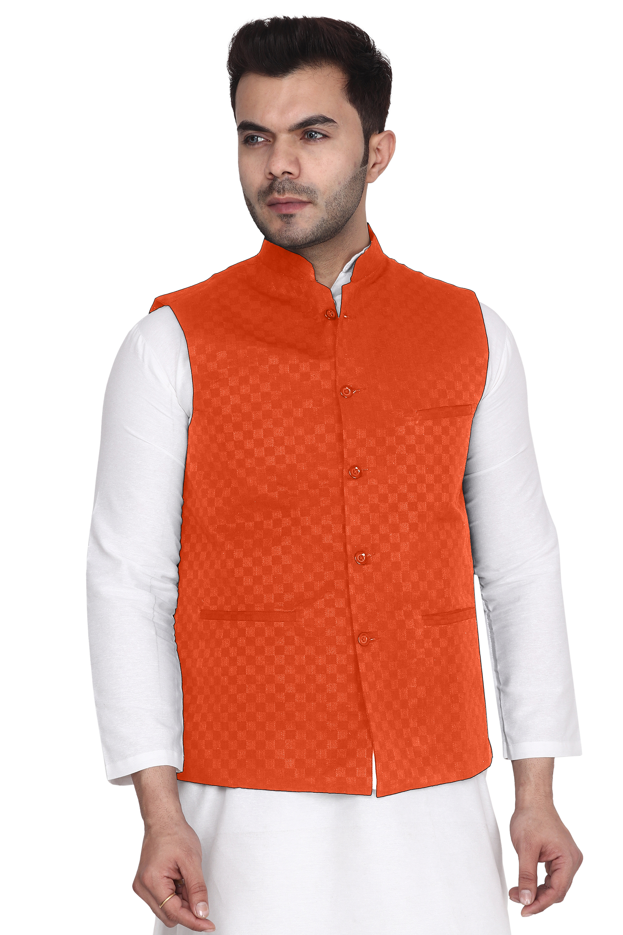 Aaryavar Ethnic Premium Nehru/Modi Jacket/Waistcoat - Sleeveless Coat for Formal & Festival Temple Function Wear - Saffron Color