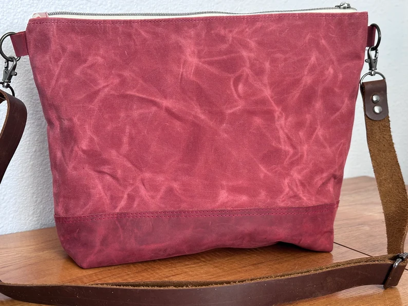 Waxed Canvas & Red Leather Classy Tote Bag