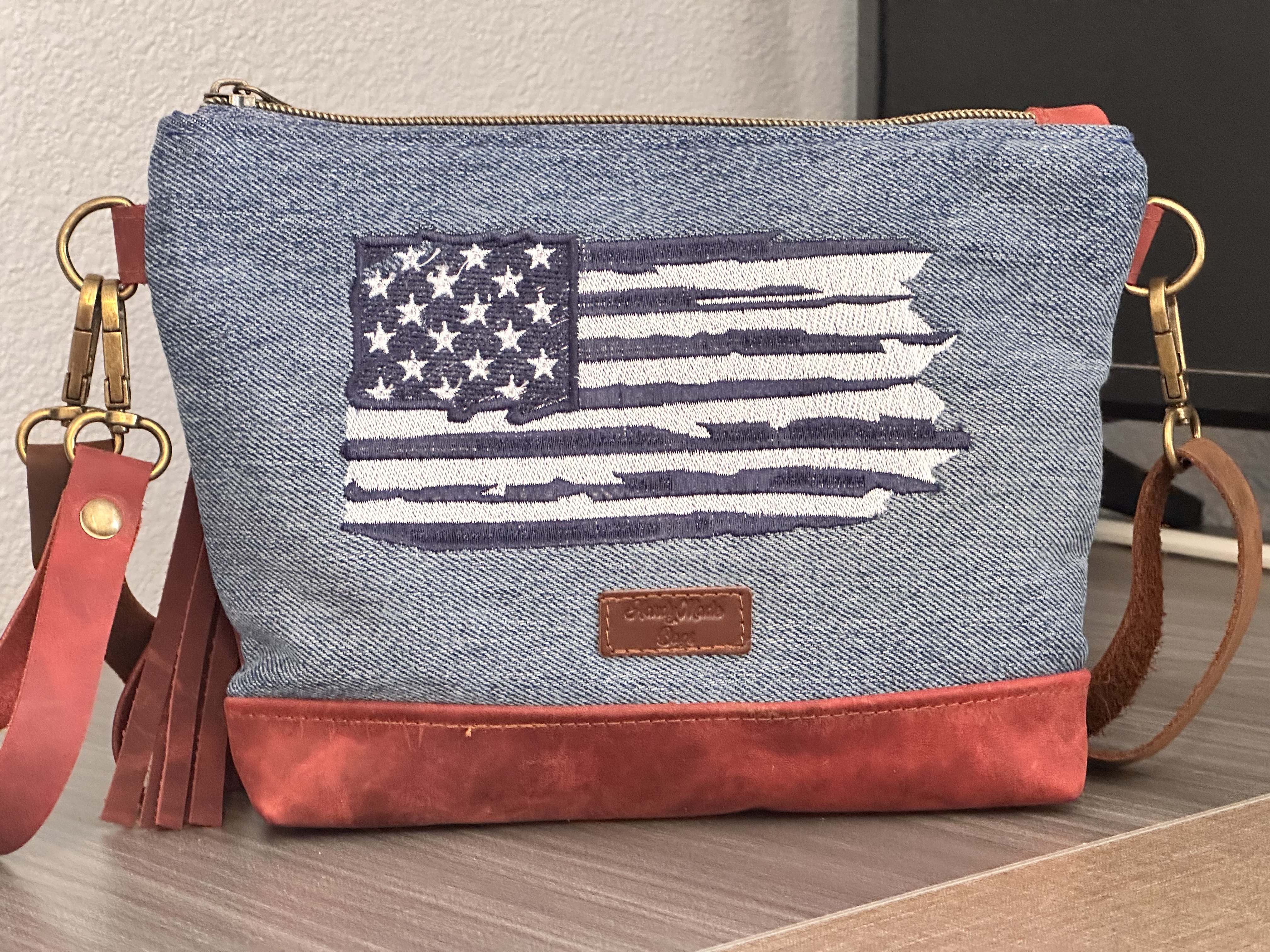 Americana Upcycled Denim with Embroidered American Flag Leather Crossbody Bag