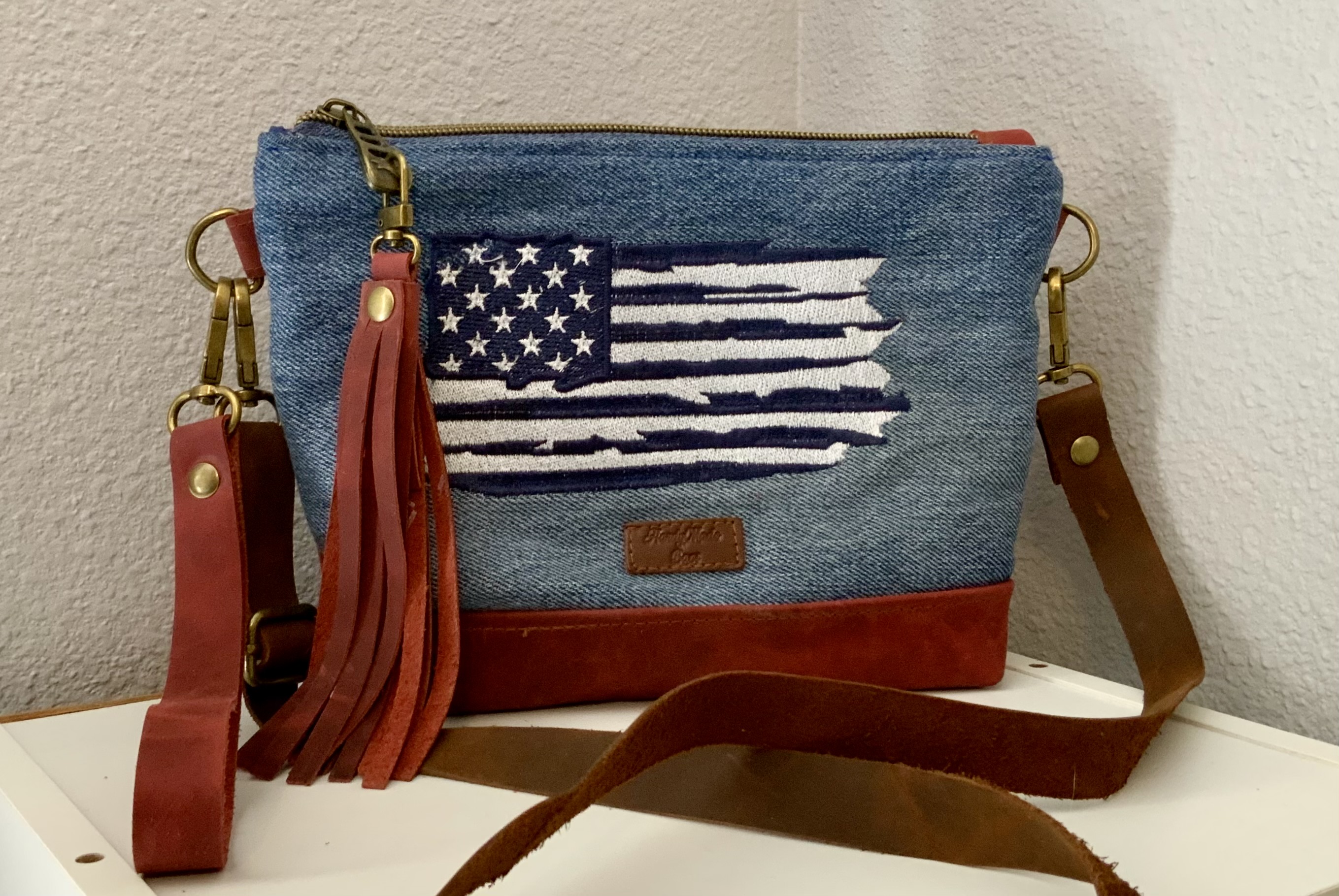 Americana Upcycled Denim with Embroidered American Flag Leather Crossbody Bag
