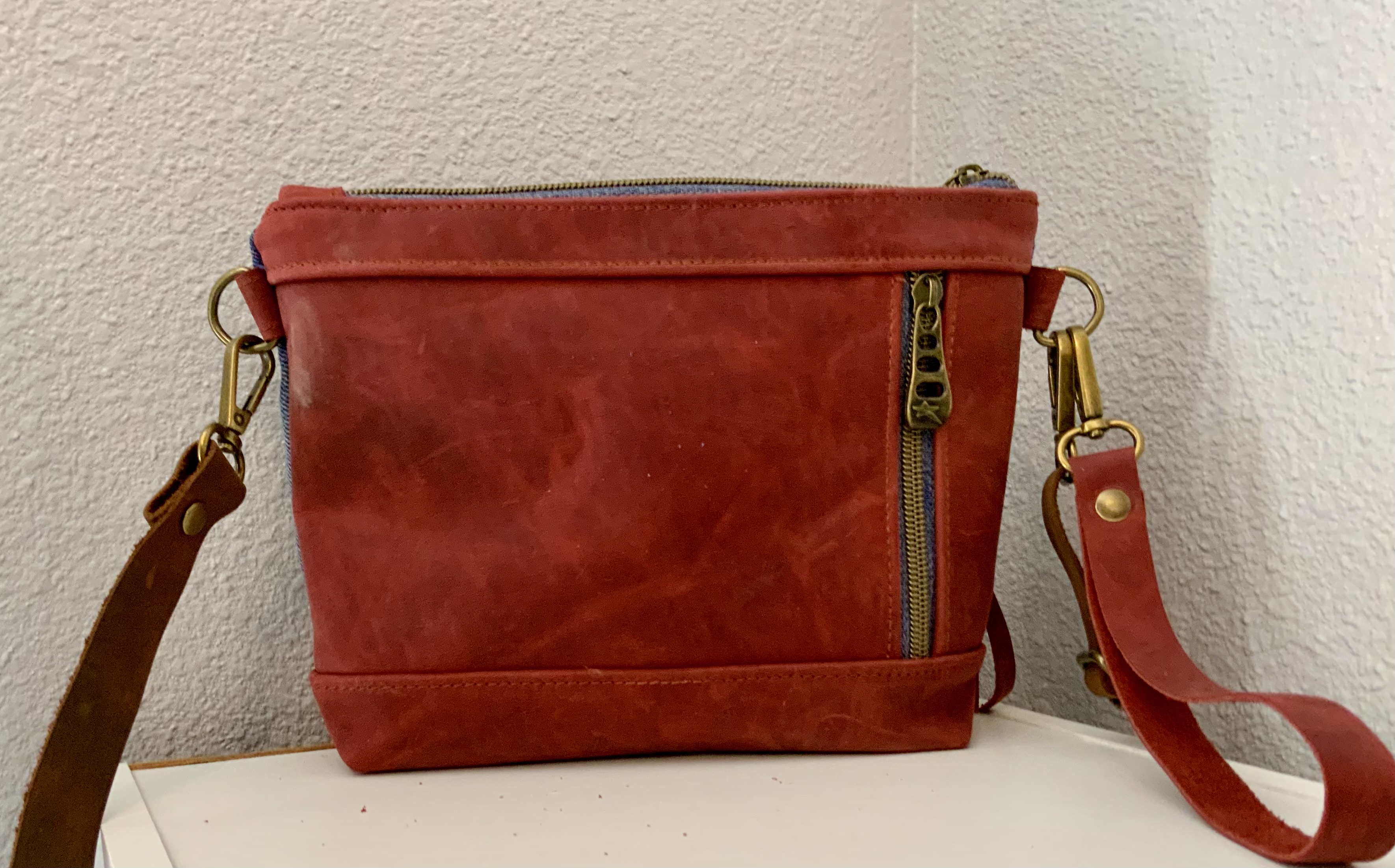 Americana Upcycled Denim with Embroidered American Flag Leather Crossbody Bag