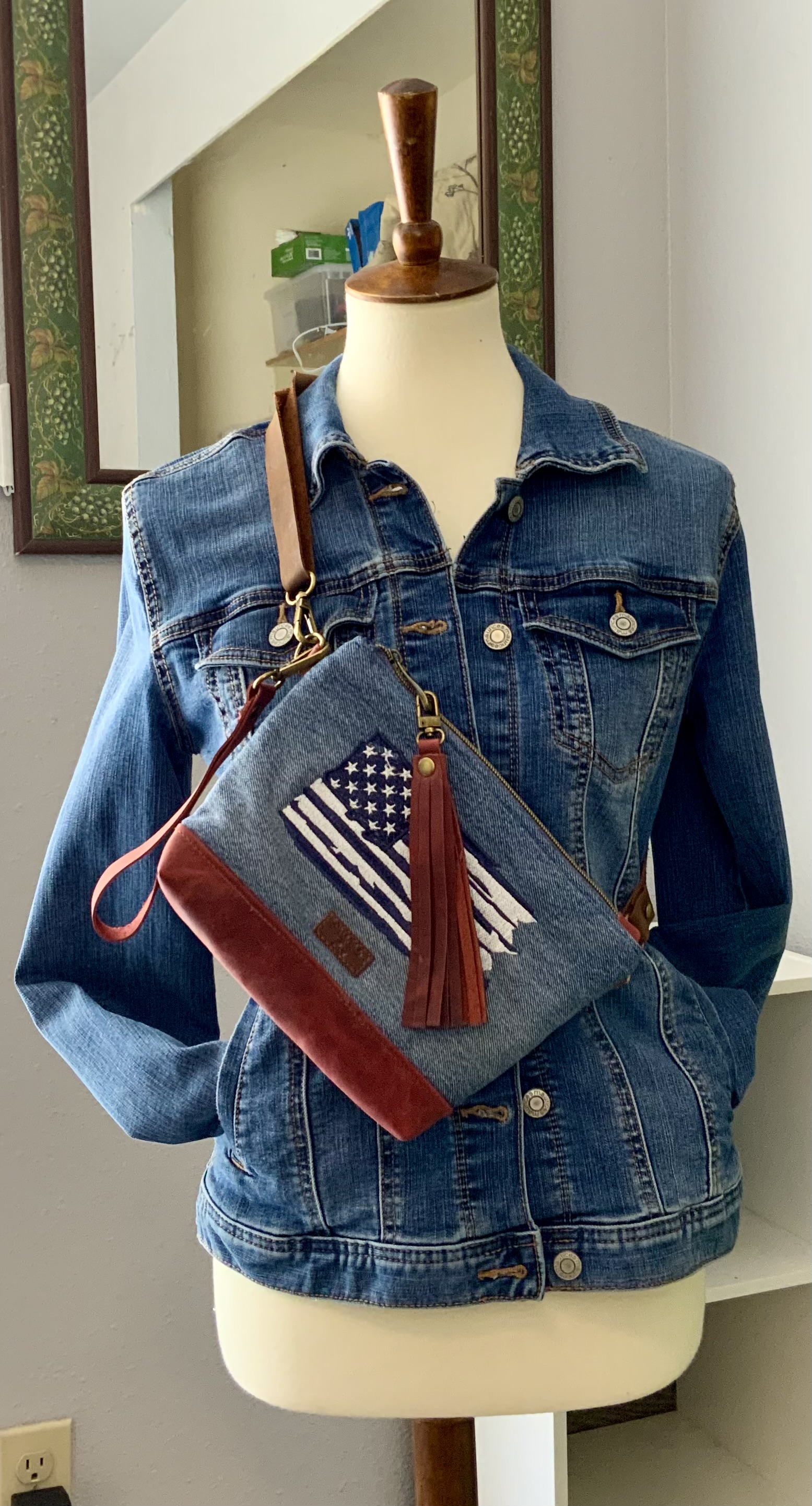 Americana Upcycled Denim with Embroidered American Flag Leather Crossbody Bag