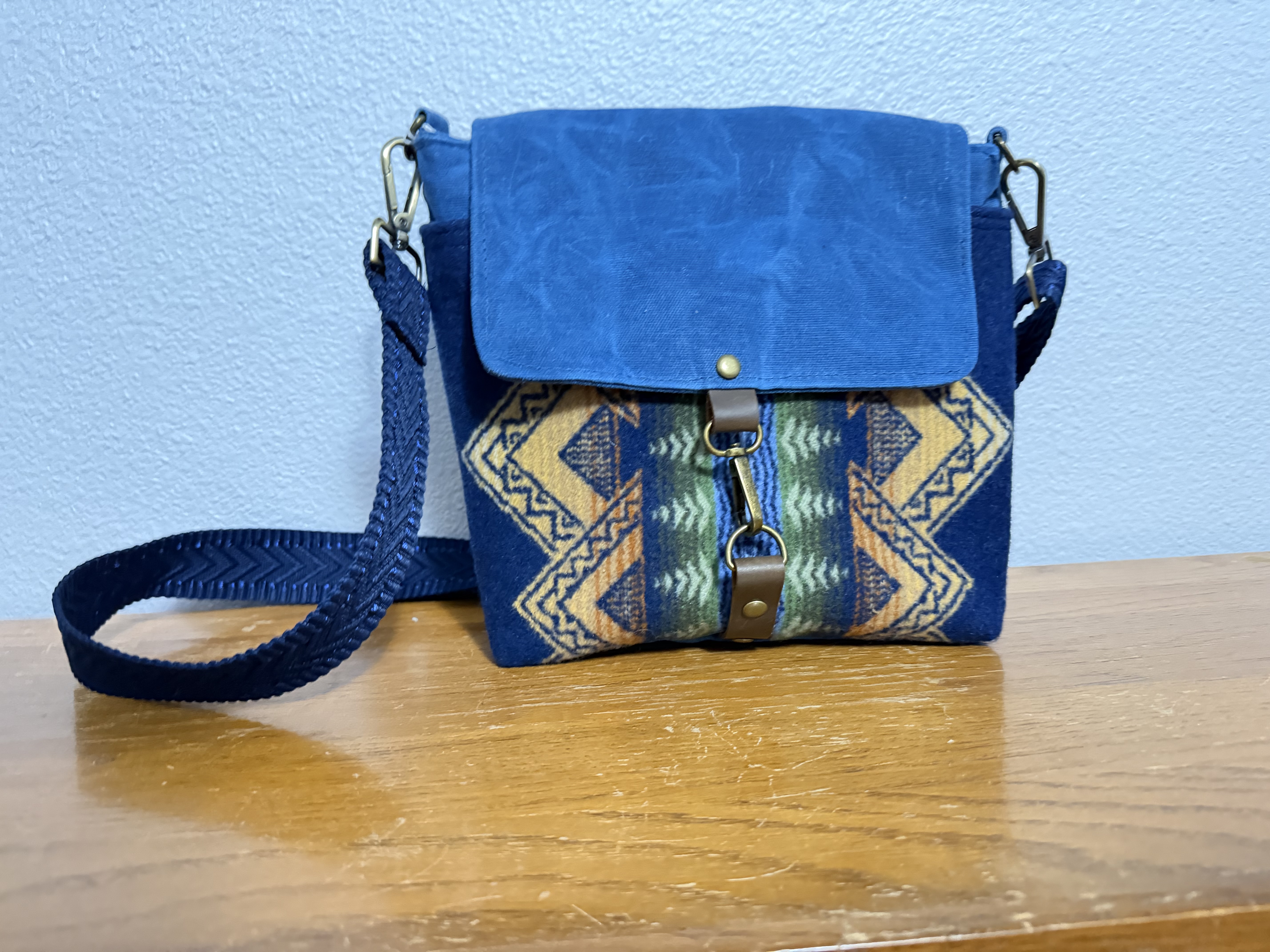 Blue Pendetom and Waxed Canvas Satchel Crossbody Bag