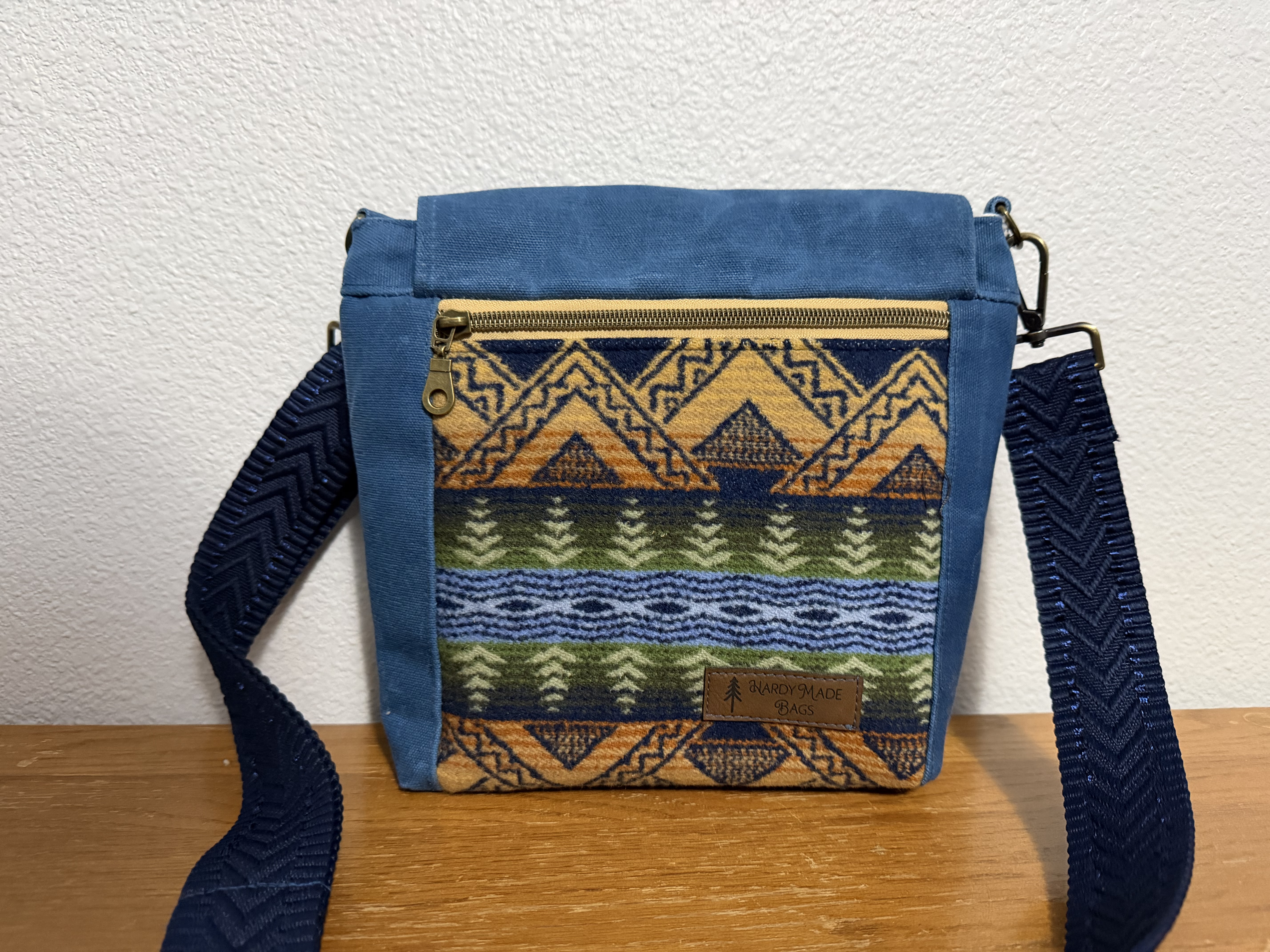 Blue Pendetom and Waxed Canvas Satchel Crossbody Bag