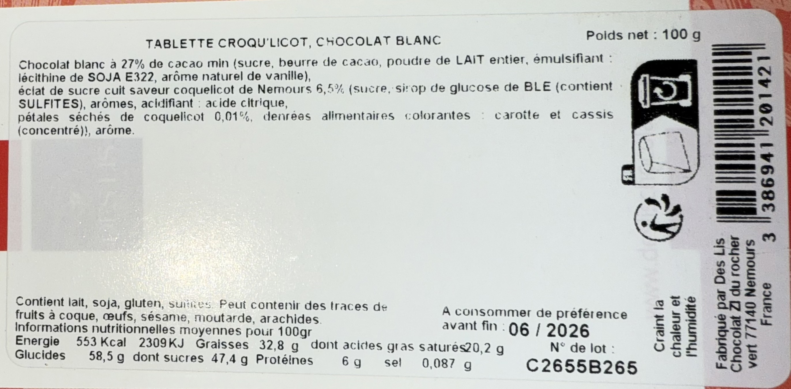 Tablette au chocolat blanc aux éclats de sucre cuit au parfum de coquelicot de Nemours