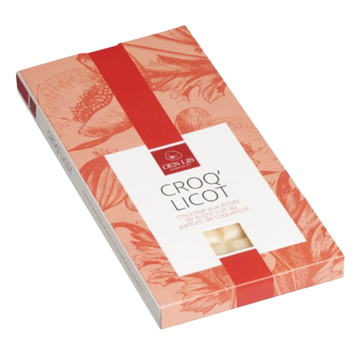 Tablette au chocolat blanc aux éclats de sucre cuit au parfum de coquelicot de Nemours