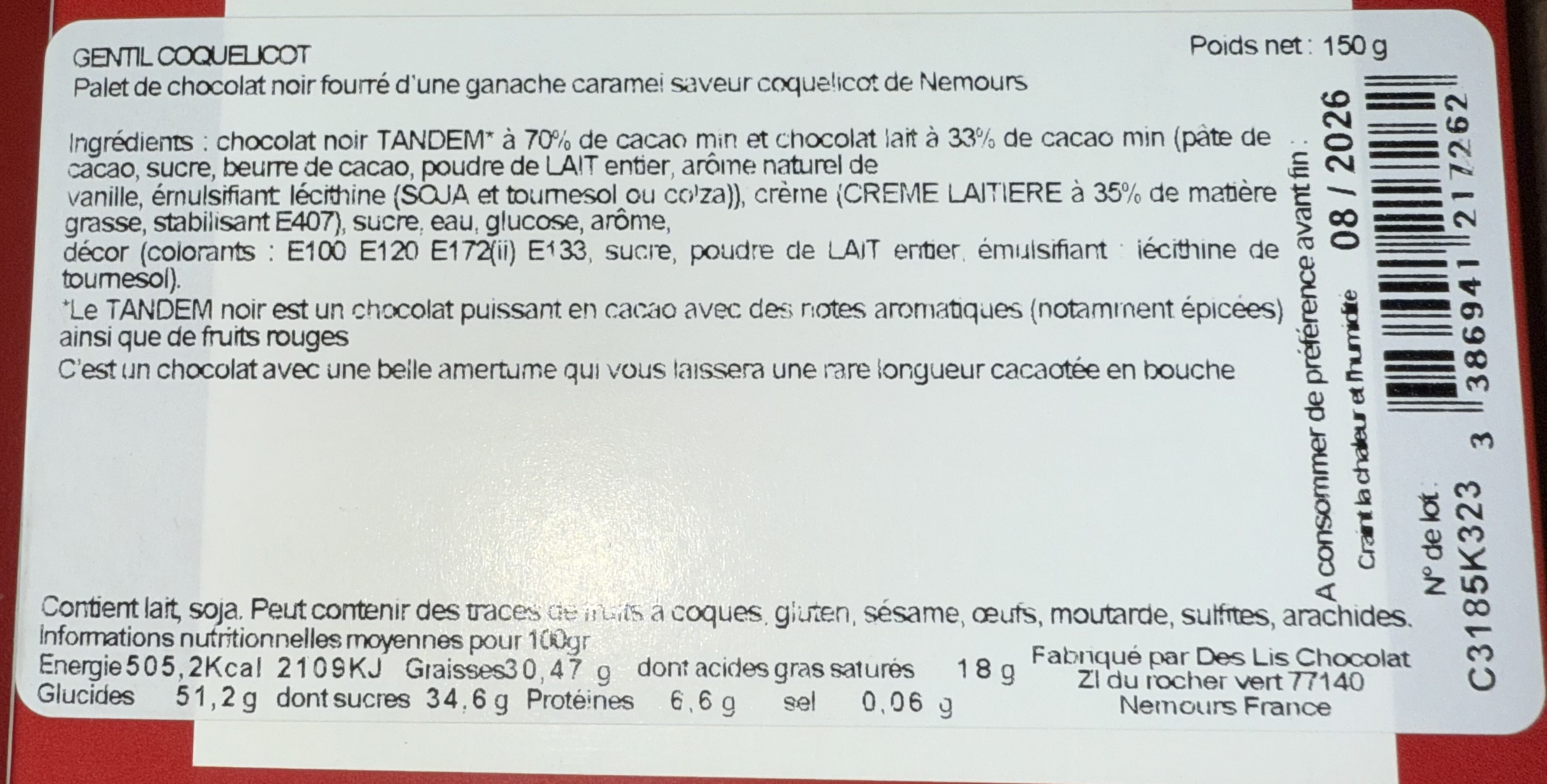 Palet de chocolat noir fourré d’une ganache caramel saveur coquelicot de Nemours