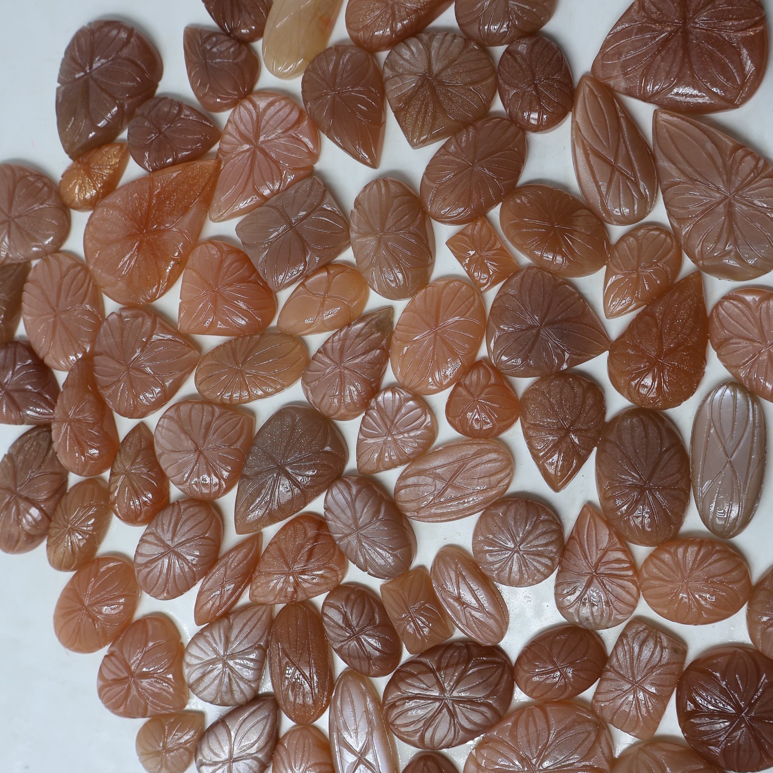 Natural Peach Moonstone Carving Mix Shape -Size Gemstone (Cabochon ) Peach Moonstone