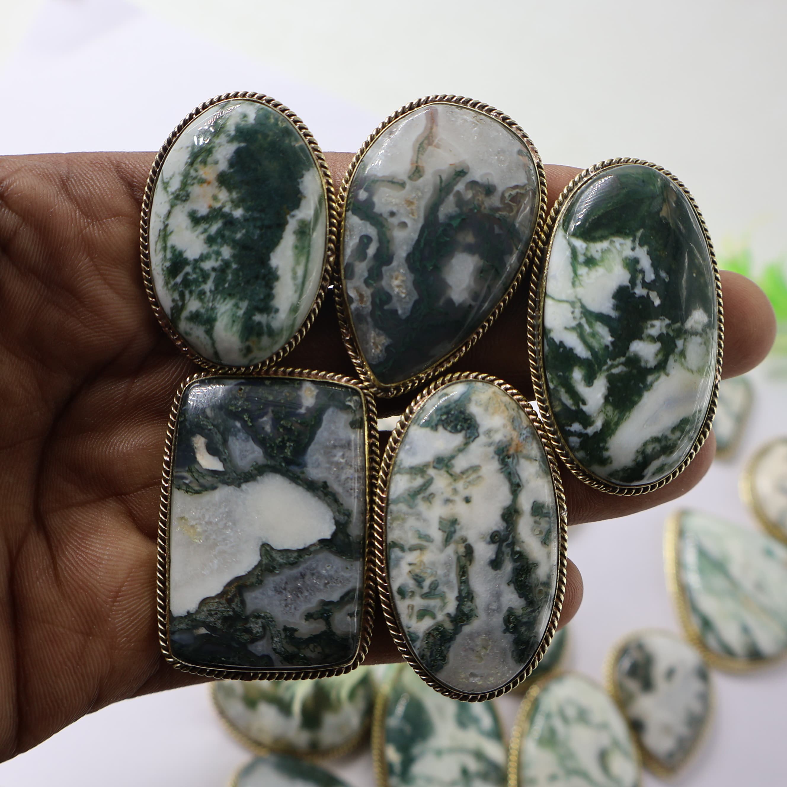 Natural Tree Agate Grooved Pendant Mix Shape -Size Gemstone (Cabochon ) Tree Agate 