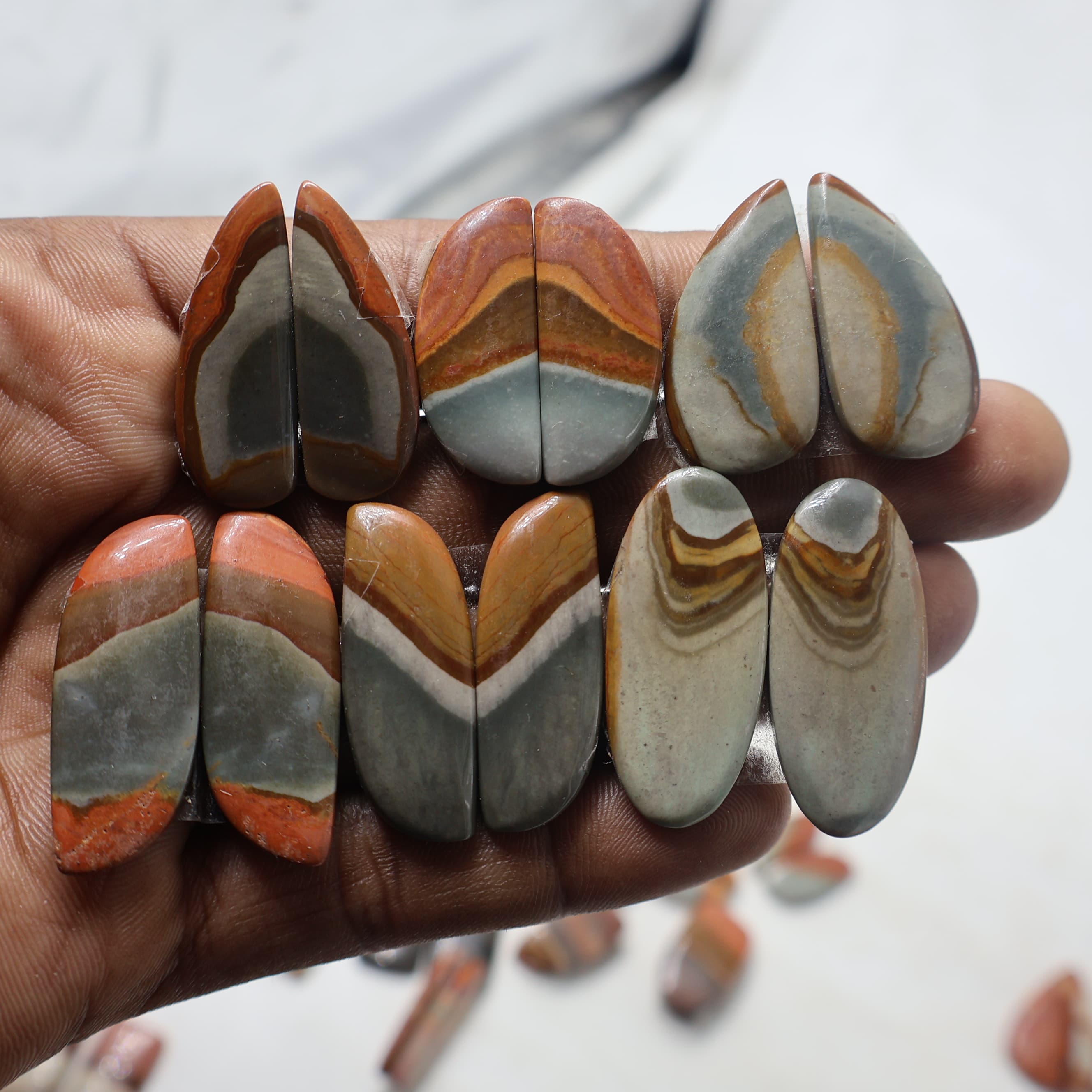 Natural Polychrome Jasper  Pair Mix  -Size Gemstone (Cabochon ) Polygram Jasper 