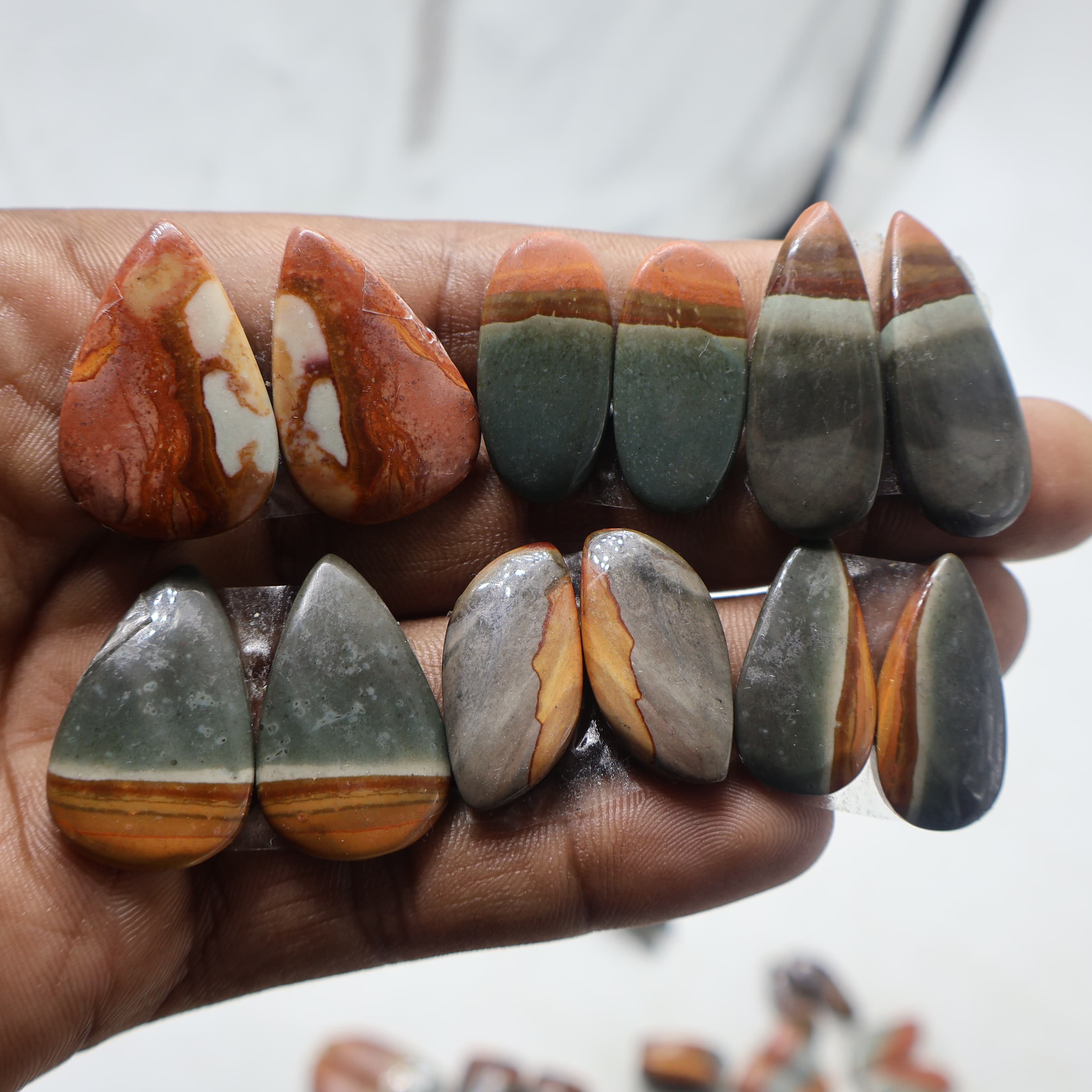 Natural Polychrome Jasper  Pair Mix  -Size Gemstone (Cabochon ) Polygram Jasper 