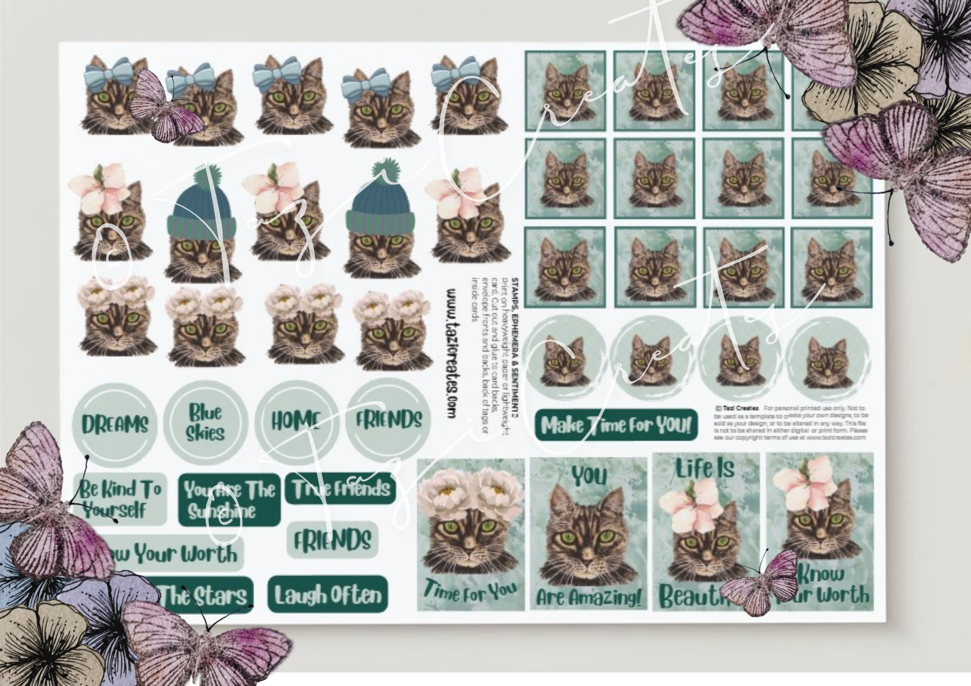 Minnie Cat Card Fronts, Stamps, Sentiments & Tags Green