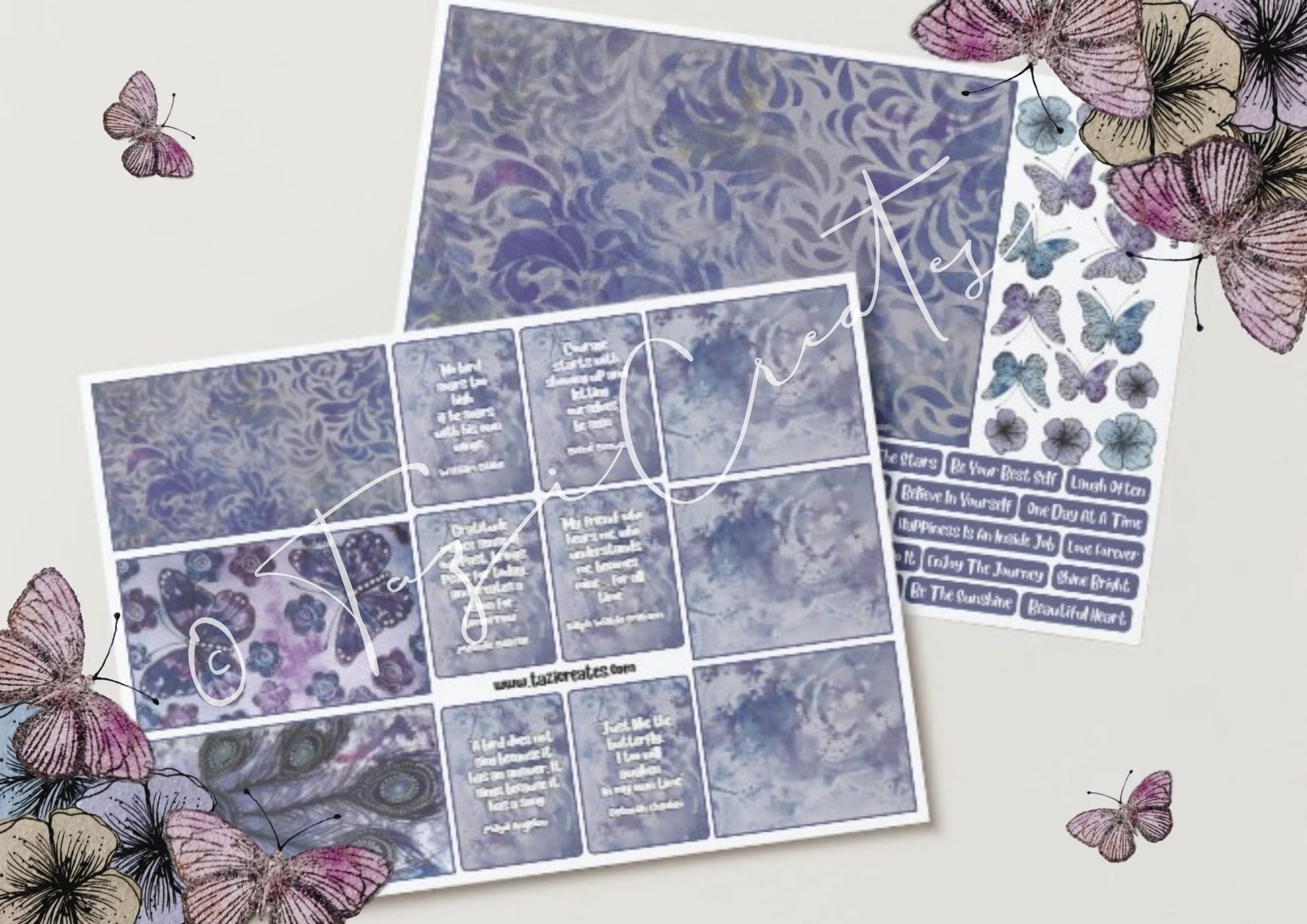 Floral Peacock Journal Pages, Quote Cards, Fussy Cuts & Sentiments x20 Sheets