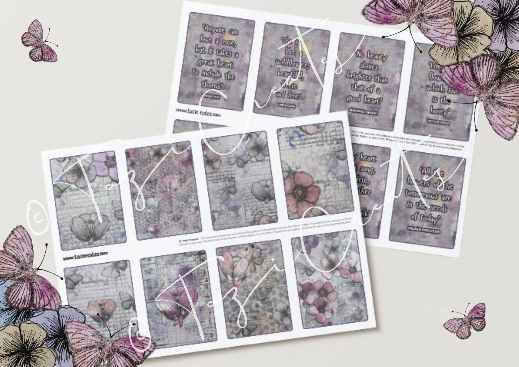 Vintage Style Butterfly & Flowers Quote Cards x8