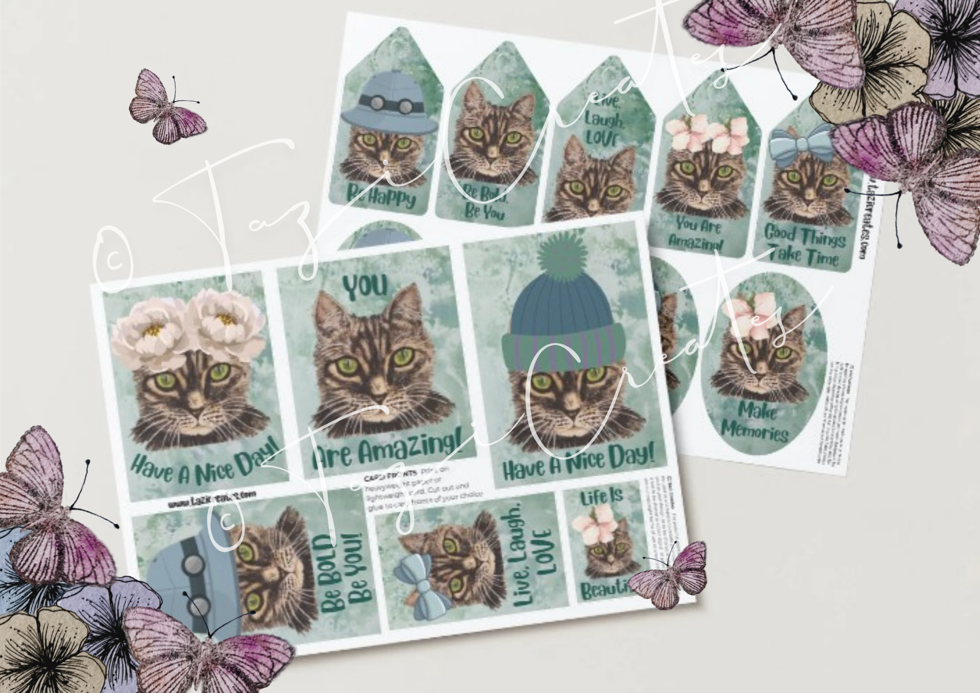 Minnie Cat Card Fronts, Stamps, Sentiments & Tags Green