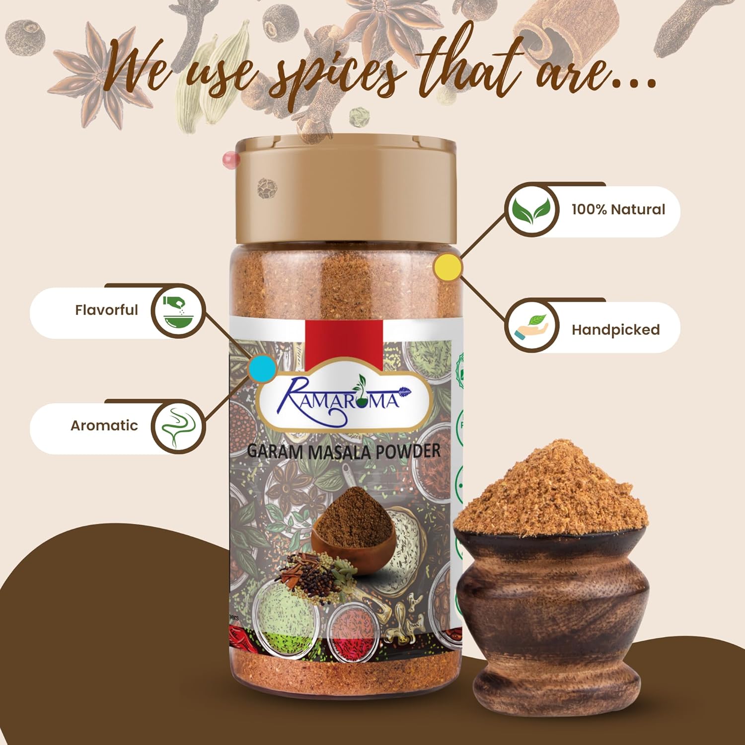 Ramaroma Natural Garam Masala Indian 15-Spice Blend Powder, 3.5oz (100g) All Natural, Salt-Free | Vegan | No Colors | Gluten Friendly | NON-GMO | Rich in Flavor, Naturally Processed and No Preservatives