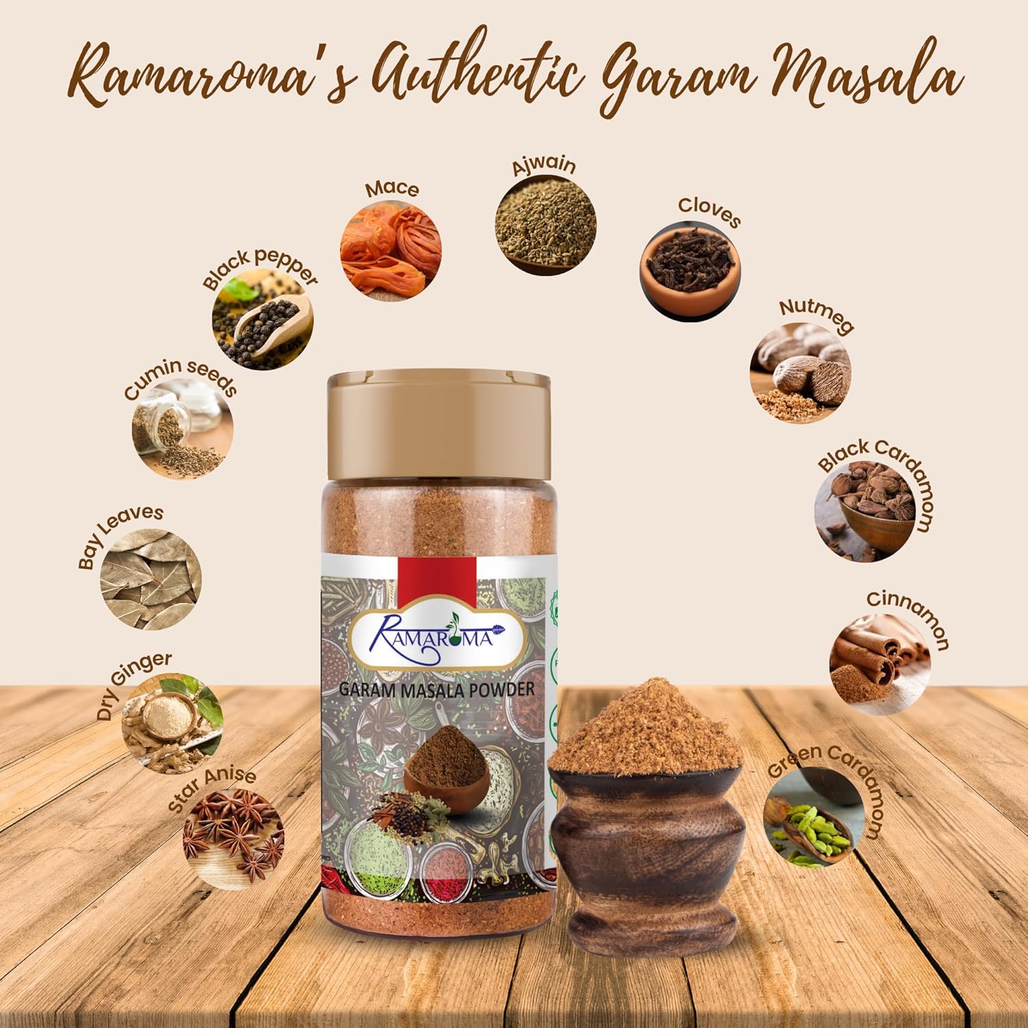 Ramaroma Natural Garam Masala Indian 15-Spice Blend Powder, 3.5oz (100g) All Natural, Salt-Free | Vegan | No Colors | Gluten Friendly | NON-GMO | Rich in Flavor, Naturally Processed and No Preservatives