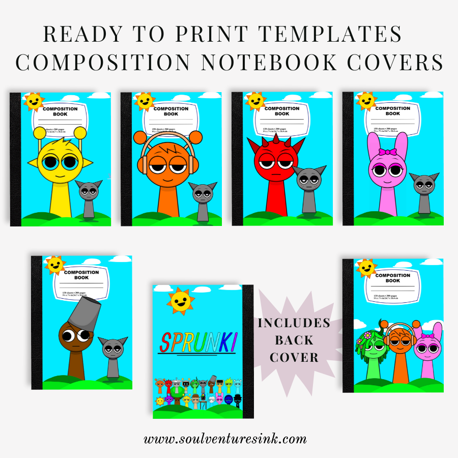 Ready to Print Sprunki Themed Composition Book Covers