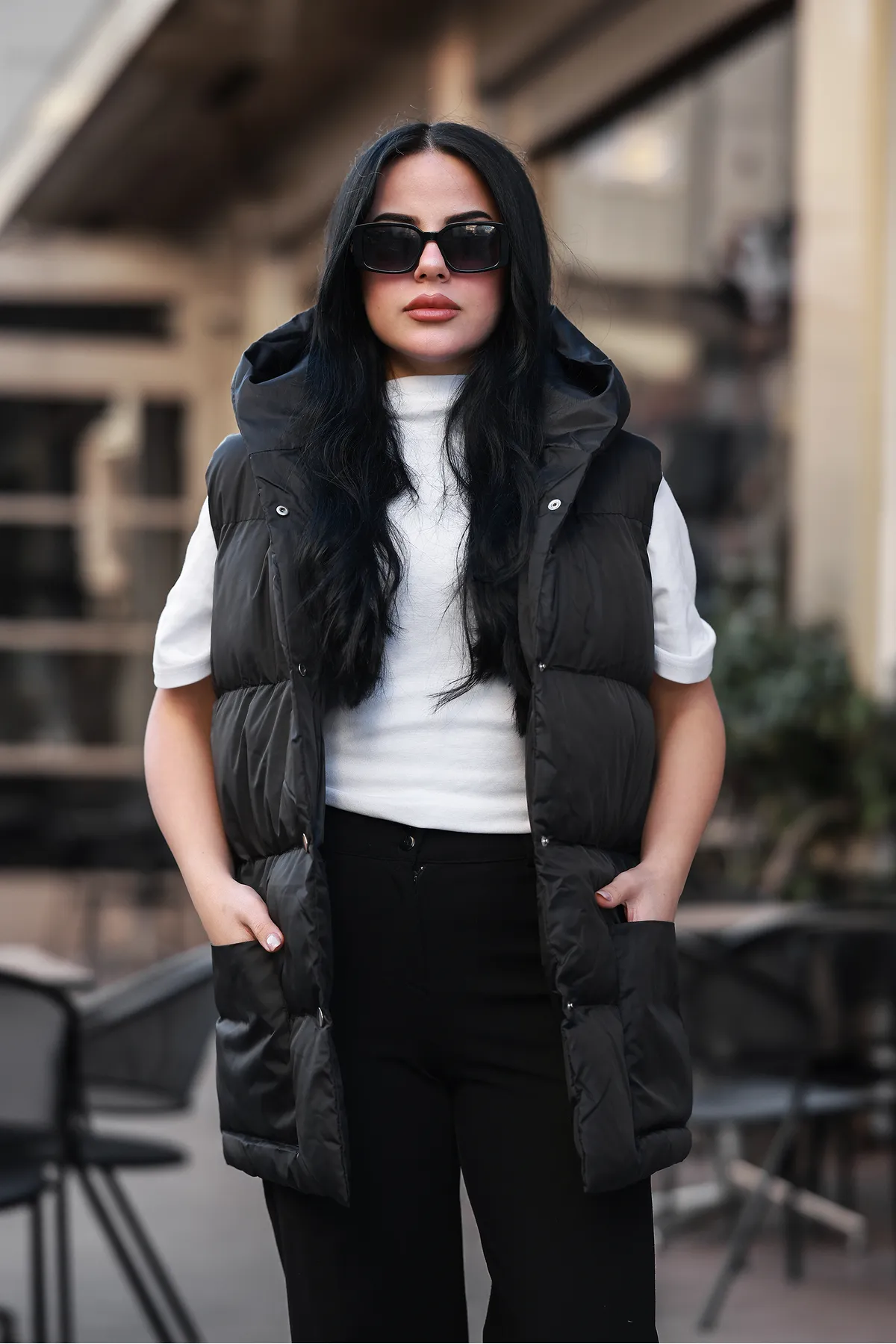 Women's Grey Wind and Water Resistant Oversize Hooded Puffer Vest - 97_YLK