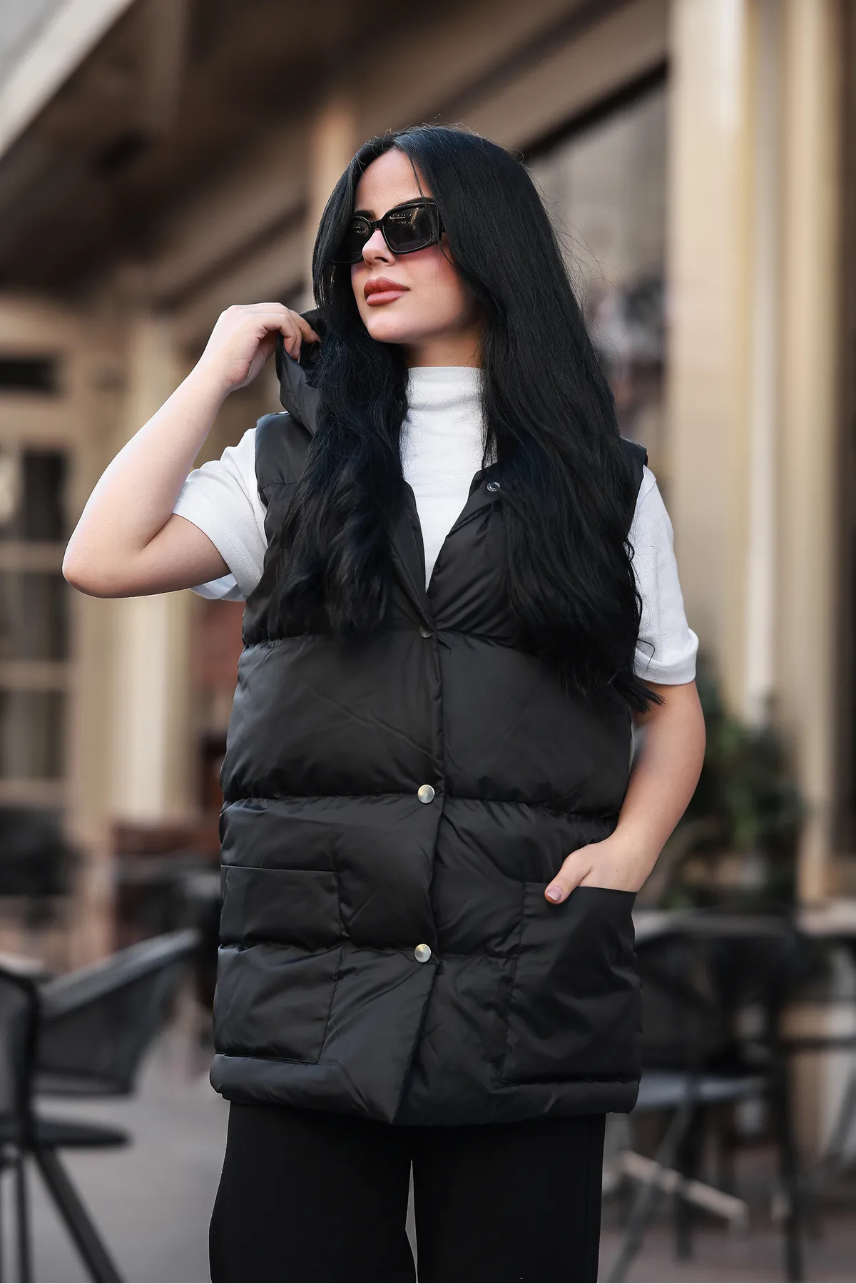 Women's Grey Wind and Water Resistant Oversize Hooded Puffer Vest - 97_YLK