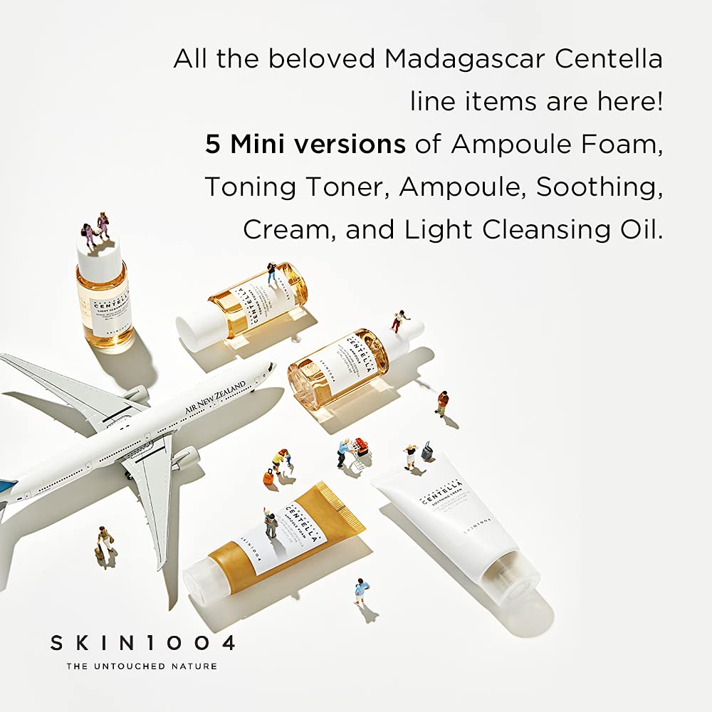 SKIN1004 Madagascar Centella Travel Kit, Toner, Ampoule, Soothing Cream, Cleansing Oil, Ampoule Foam, Basic Skincare Box, Compact Size, Soothing Calming