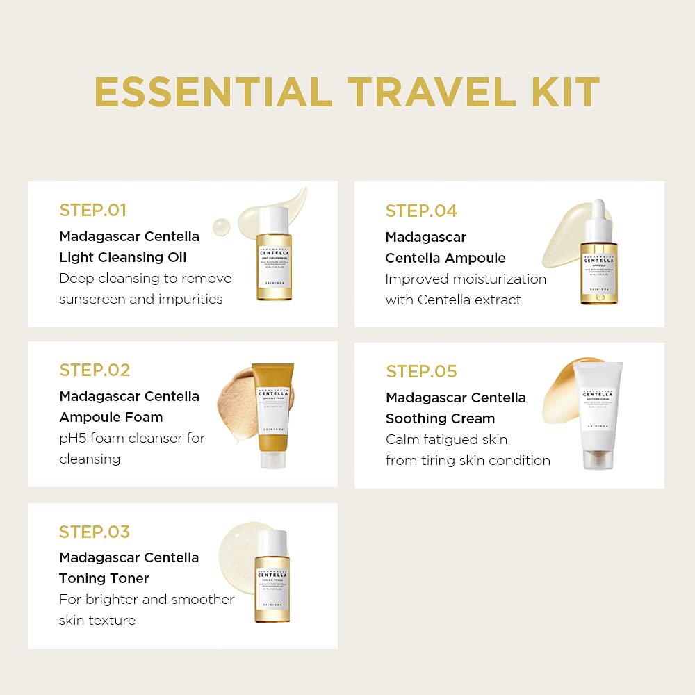SKIN1004 Madagascar Centella Travel Kit, Toner, Ampoule, Soothing Cream, Cleansing Oil, Ampoule Foam, Basic Skincare Box, Compact Size, Soothing Calming