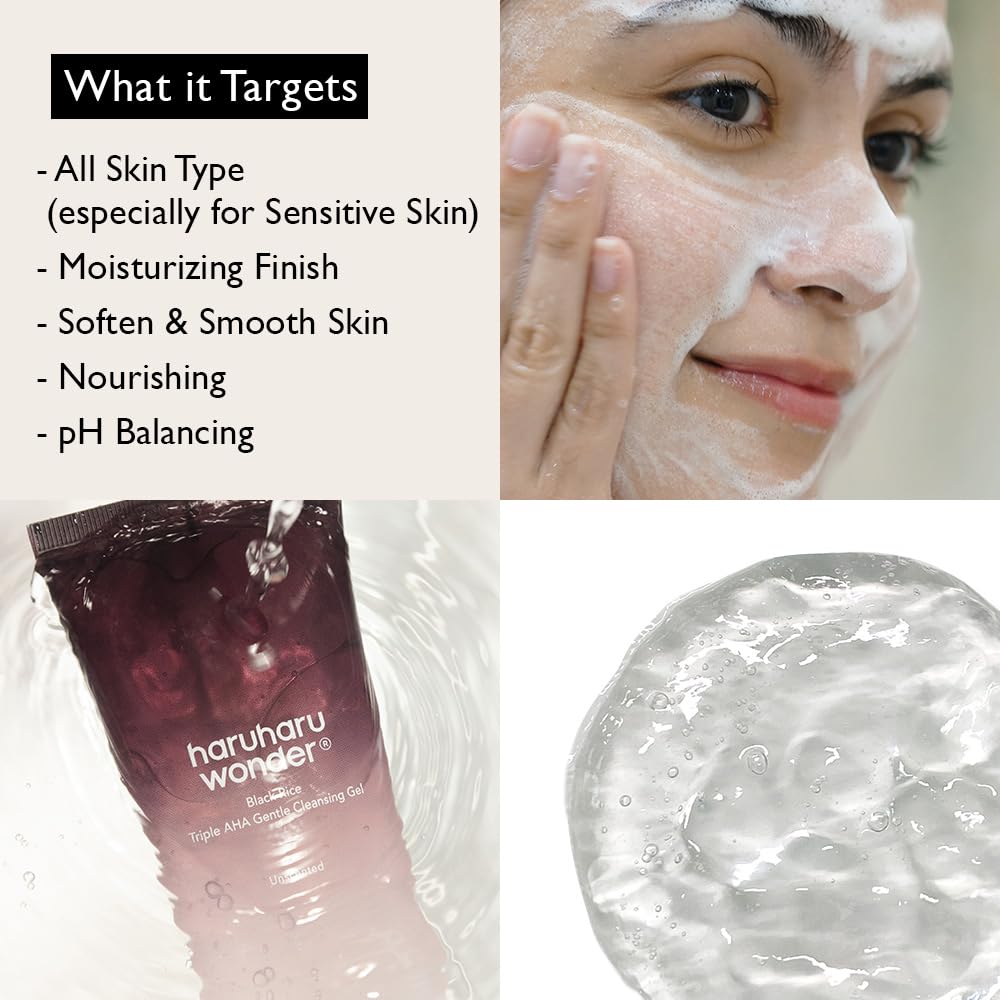 HARUHARU Wonder Black Rice Triple AHA Gentle Cleansing Gel 3.38 fl oz, Hydrating Cleansing gel, Gentle exfoliating, Vegan, Travel essentials