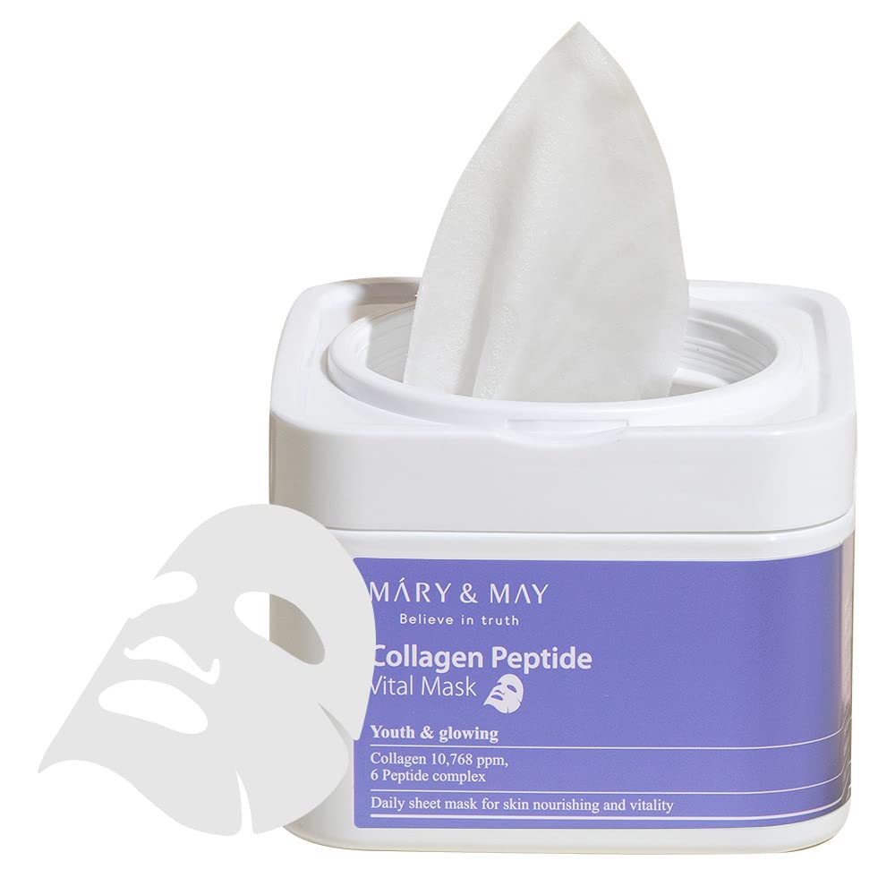 Mary&May Collagen Peptide Vital Mask 30ea |Quick dispenser type 30 sheet, Lifting, Firming & Plumping, Wrinkle Care, Korean Facial Mask, marynmay, Valentine Day Gift