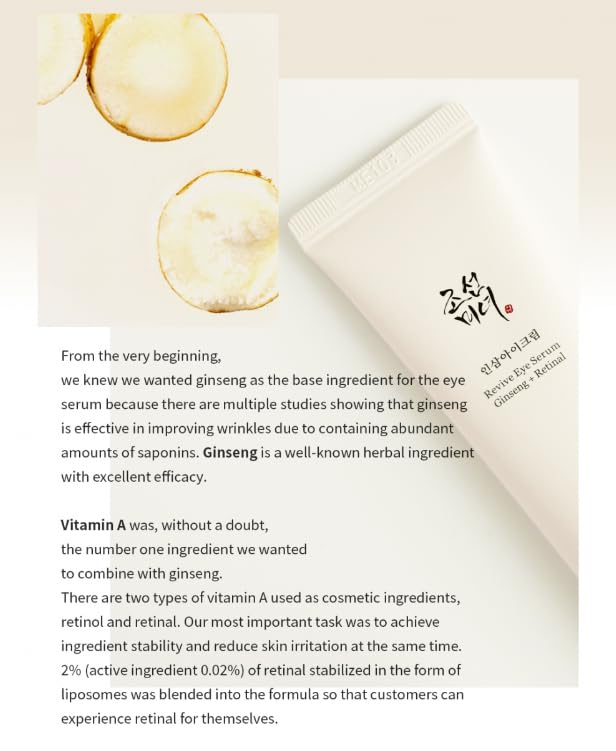 Beauty of Joseon Revive Eye Serum with Retinal Niacinamide Correction for Puffy Eye Bags Fine Lines Dark Circles Wrinkles, Korean Skin Care 30ml