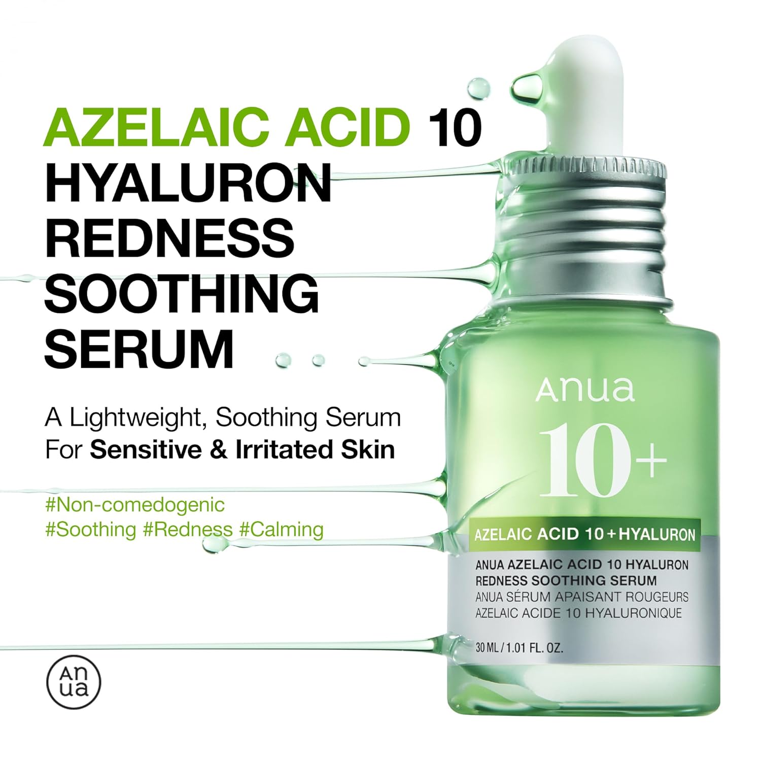 Anua Azelaic Acid 10 Hyaluron Redness Soothing Serum, Facial Serum for Sensitive skin, Hyaluronic Acid, Niacinamide, Spot Care, Natural Color, Vegan, Korean Skincare 30ml