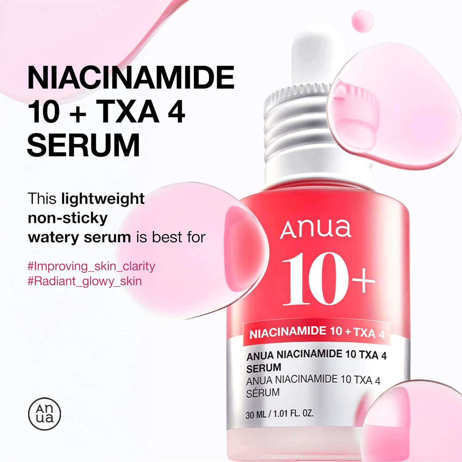 NEW - ANUA Niacinamide 10 + TXA 4 Serum, Hyaluronic Acid, Tranexamic acid, Vitamin B12, Facial Serum for Glass Skin, Clarifying, Radiant Complexion with Natural Color, Korean Skin Care (30ml /1.01 fl.oz)