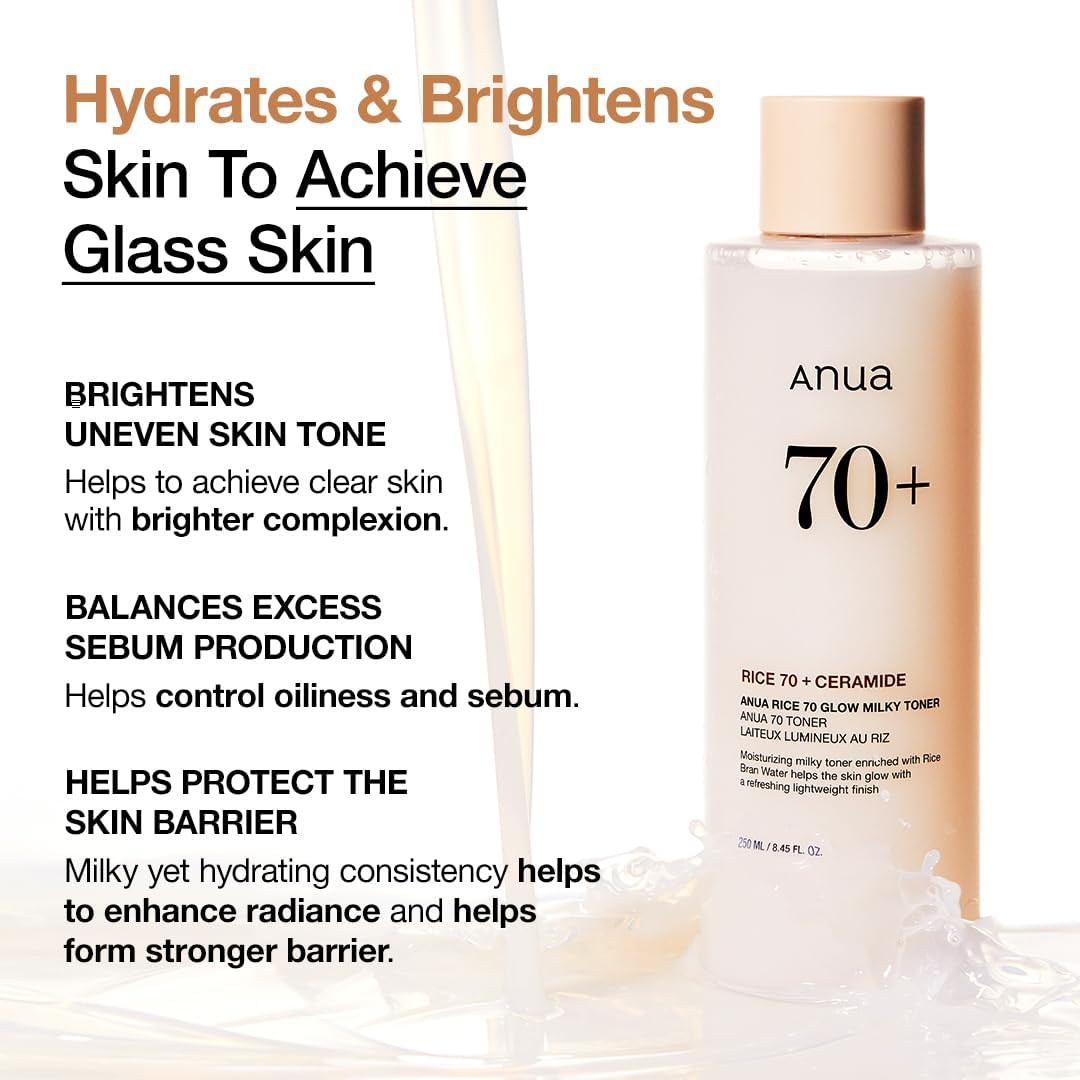 ANUA Rice 70 Glow Milky Toner, for Glass Skin, Rice Water, Niacinamide, Ceramides, Panthenol, Fragrance-Free, Non comedogenic, Fungal Acne Safe, Korean Skin Care, 250ml