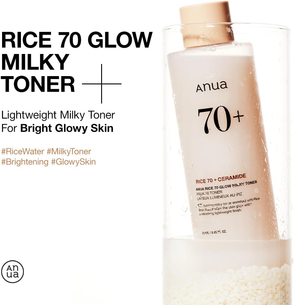 ANUA Rice 70 Glow Milky Toner, for Glass Skin, Rice Water, Niacinamide, Ceramides, Panthenol, Fragrance-Free, Non comedogenic, Fungal Acne Safe, Korean Skin Care, 250ml