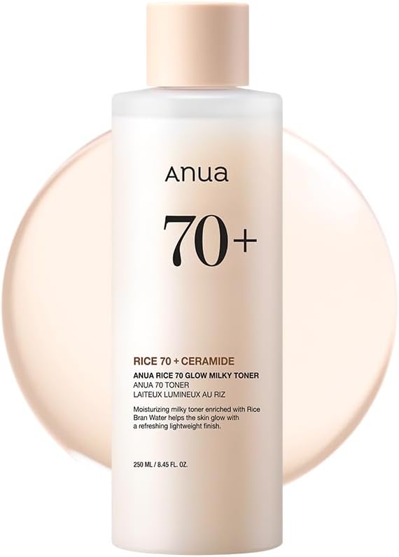 ANUA Rice 70 Glow Milky Toner, for Glass Skin, Rice Water, Niacinamide, Ceramides, Panthenol, Fragrance-Free, Non comedogenic, Fungal Acne Safe, Korean Skin Care, 250ml