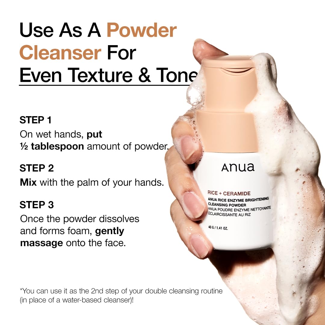 ANUA RICE ENZYME BRIGHTENING CLEANSING POWDER, Rice Mask, Ceramide, Gentle Face Wash for Brightening, Radiant Skin, Facial Cleanser for Dry Skin, Korean Skincare, Fragrance Free, 40g