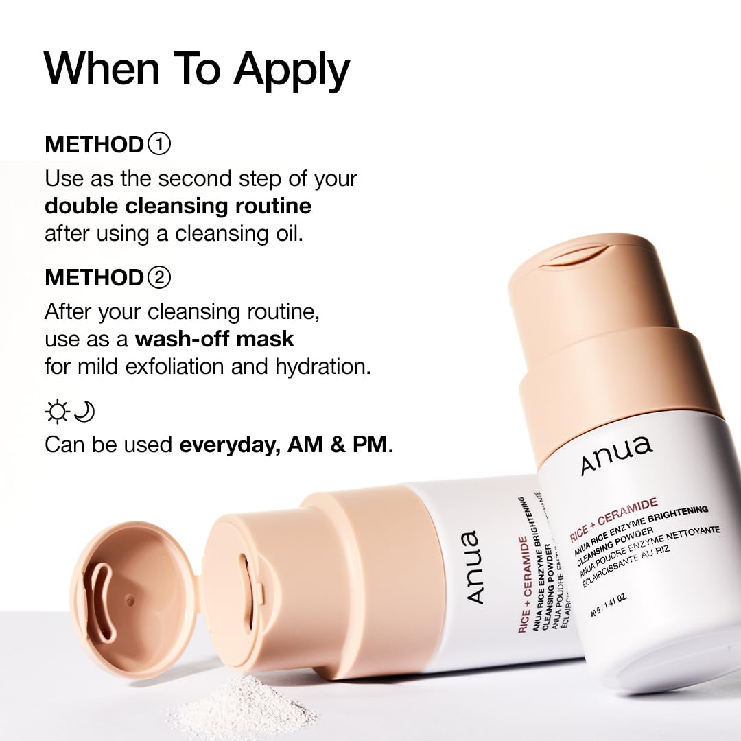 ANUA RICE ENZYME BRIGHTENING CLEANSING POWDER, Rice Mask, Ceramide, Gentle Face Wash for Brightening, Radiant Skin, Facial Cleanser for Dry Skin, Korean Skincare, Fragrance Free, 40g
